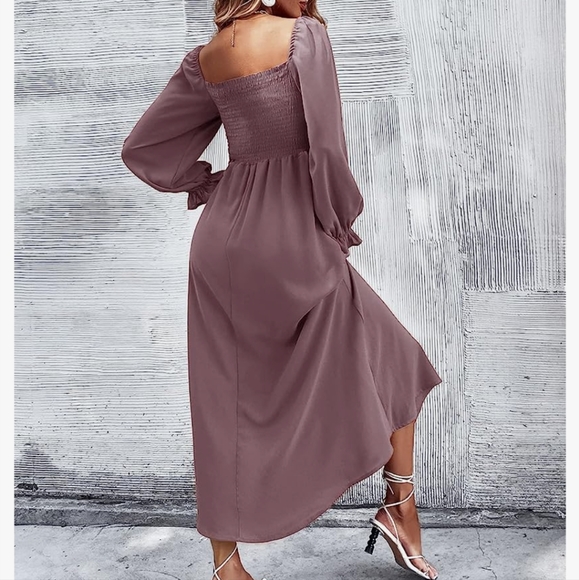 Boho Square Neck Smocked Long Puff Sleeve A Line Midi Dress - Picture 6 of 6